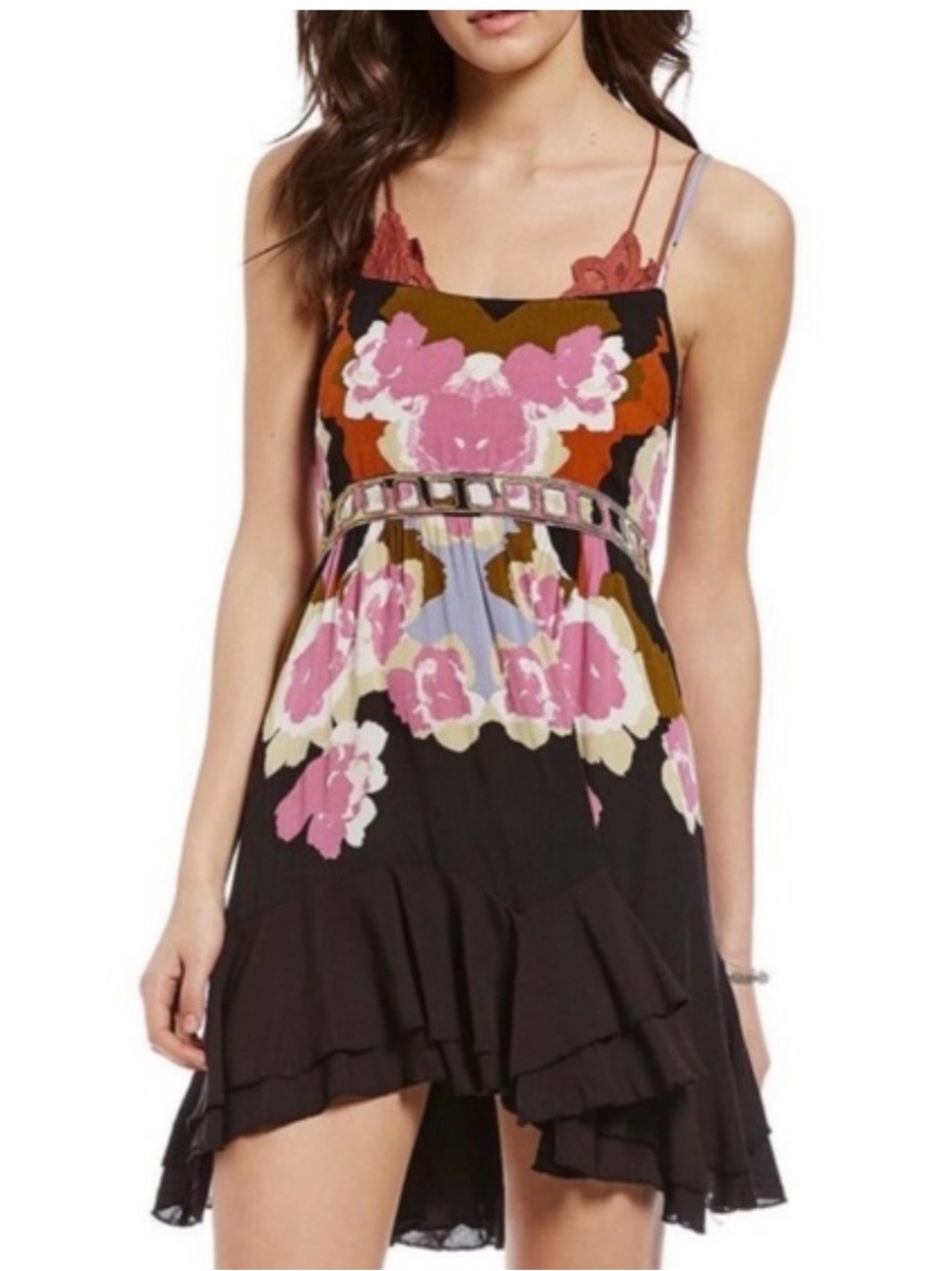 Intimately Free People Floral Flirty Mini Boho Dress in Dark Coal New With Tags